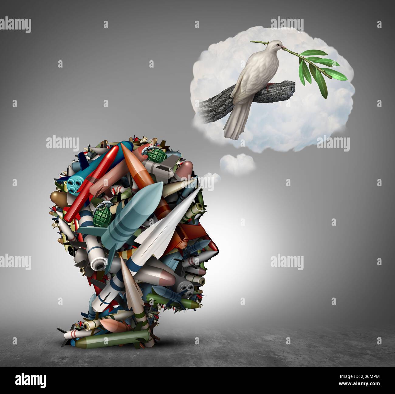 Le rêve de ne pas être un concept de guerre comme un groupe d'armes et de bombes ou d'engins explosifs façonnés comme une tête humaine rêvant de la paix comme une colombe avec une branche d'olivier. Banque D'Images