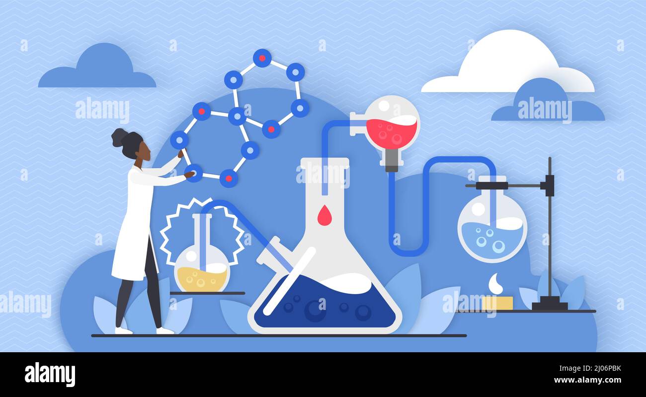 Recherche en laboratoire de chimie. Résumé scientifique expérience chimique de l'étudiant ou de l'enseignant de petit scientifique, processus de découverte avec équipement de flacon et analyse illustration de vecteur plat Illustration de Vecteur
