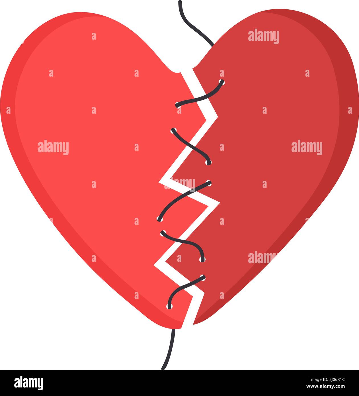 Cœur rouge, déchiré en 2 parties et cousu avec du fil. Concept d'amour brisé, triste fin de relation, manque de soins et d'aide. Illustration vectorielle plate Illustration de Vecteur