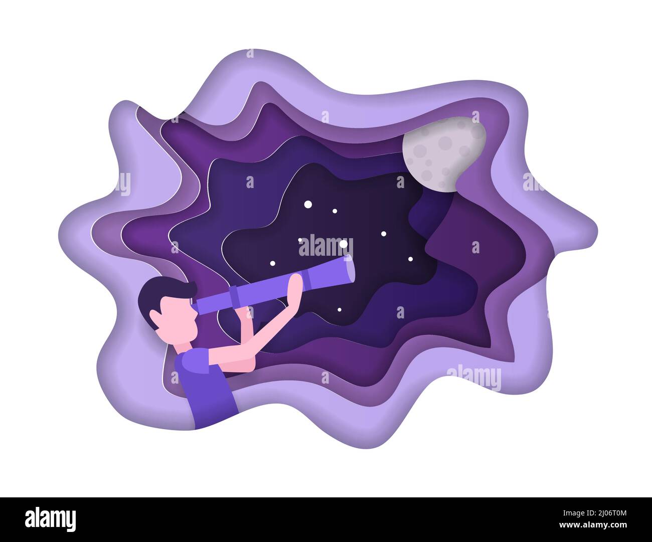 Enfant regarde les étoiles avec le télescope. Concept de vecteur de découverte de l'univers dans le style de l'art papier. Motif en papier à l'origami. Illustration de Vecteur
