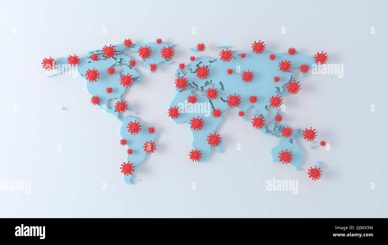 Carte du monde épidémie de coronavirus. Particules de virus COVID-19 sur fond blanc. Illustration de la pandémie mondiale de 3D Banque D'Images