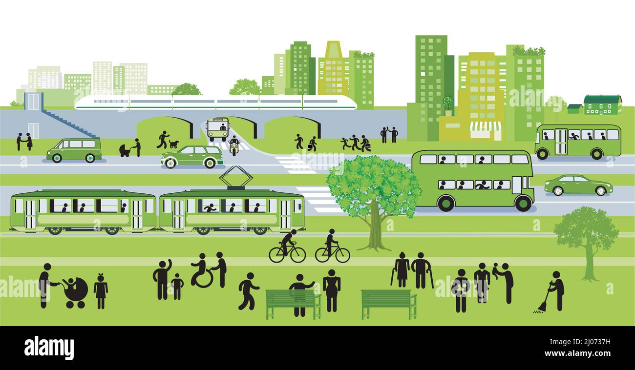 Ville verte avec transport local, illustration Illustration de Vecteur