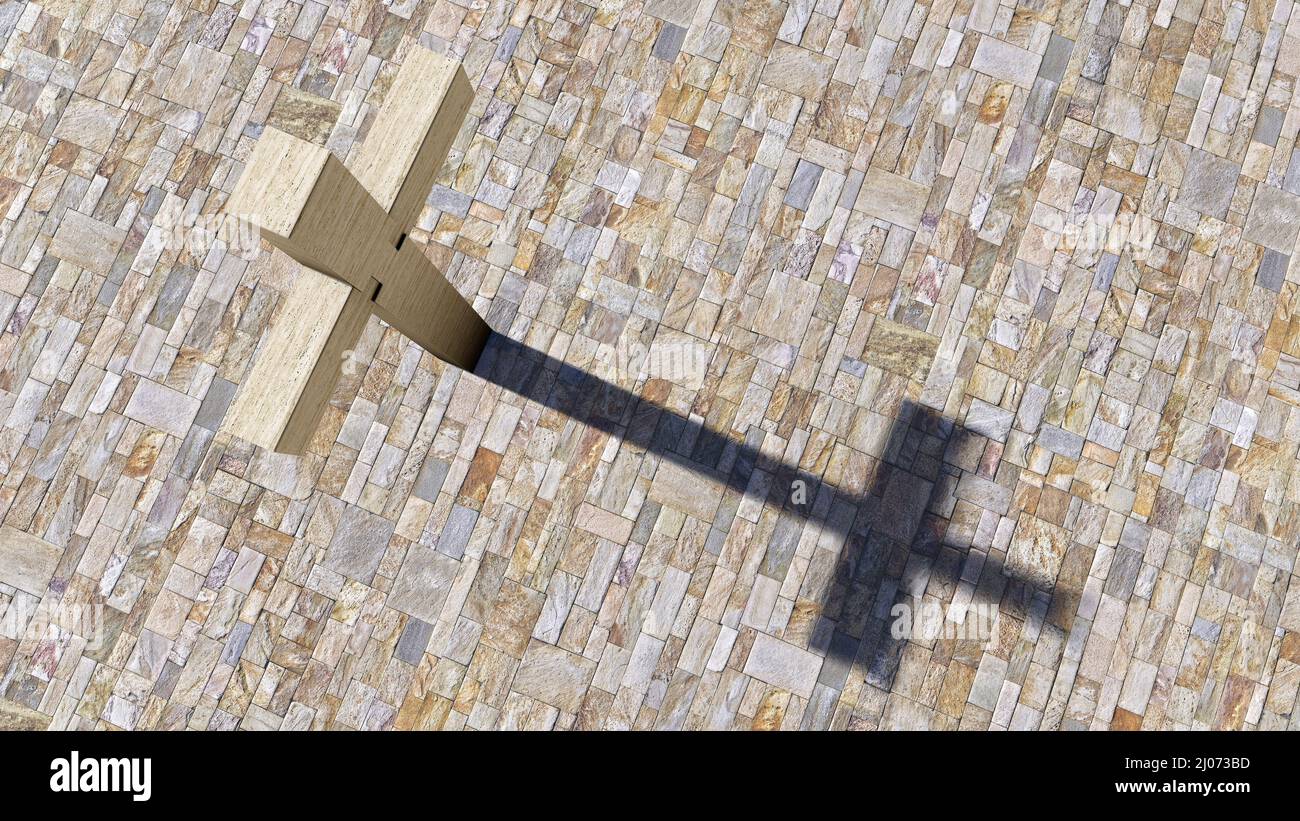 Concept ou concept de croix de pierre de travertin sur un fond de calcaire à motif vintage. 3D métaphore de l'illustration pour Dieu, Christ, religieux, foi Banque D'Images