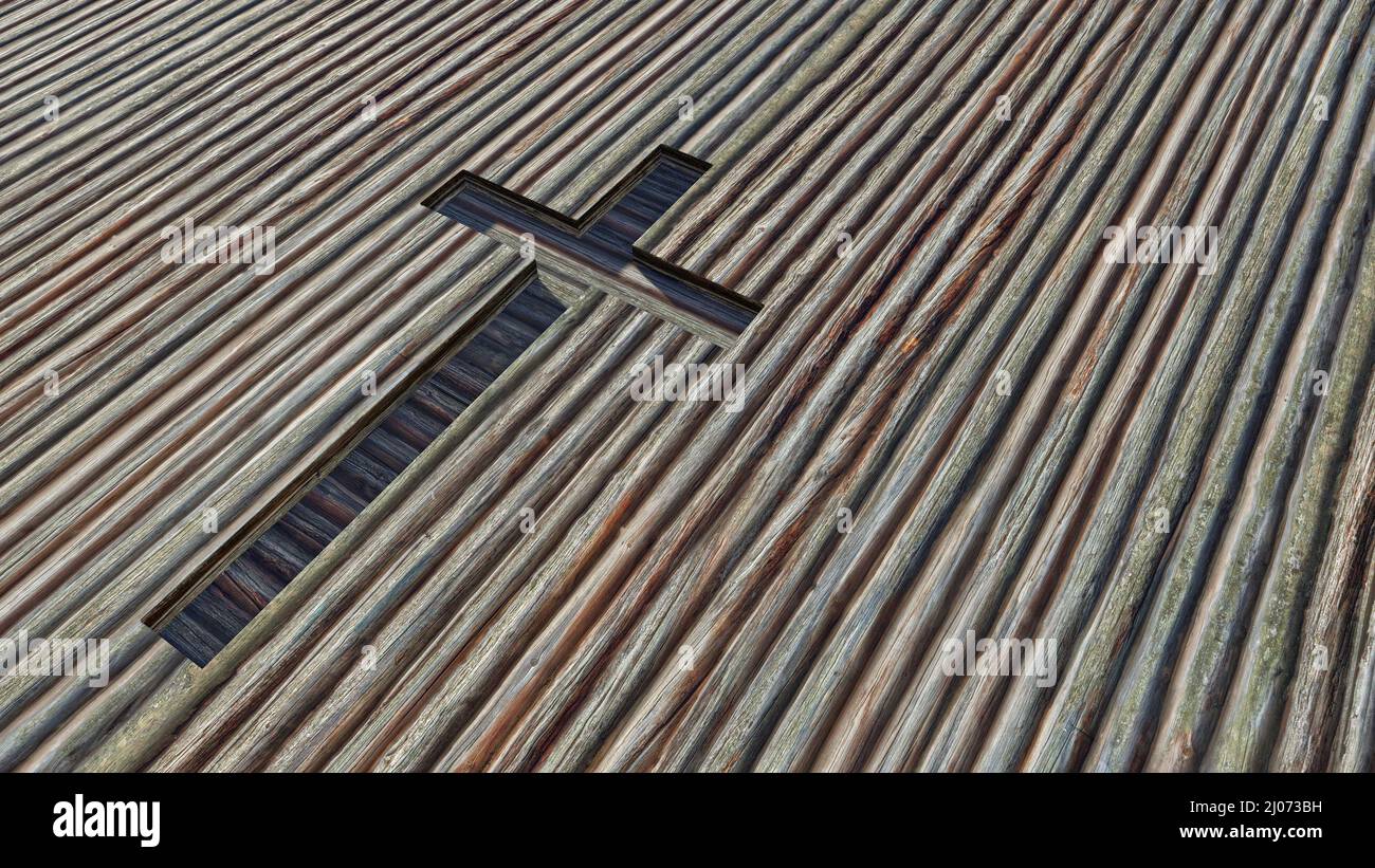 Concept ou croix conceptuelle sur fond de bois naturel ou de texture en bois. métaphore de l'illustration 3d pour Dieu, Christ, Christianisme, religieux, foi Banque D'Images