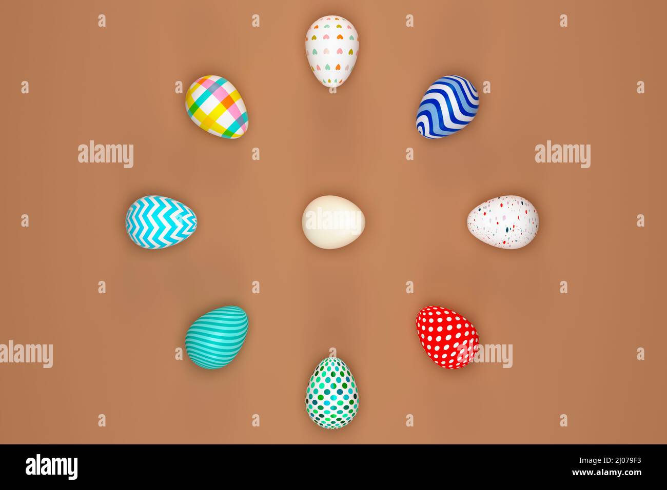 Œufs de Pâques colorés entourant l'œuf blanc sur fond vert. 3d rendu Banque D'Images