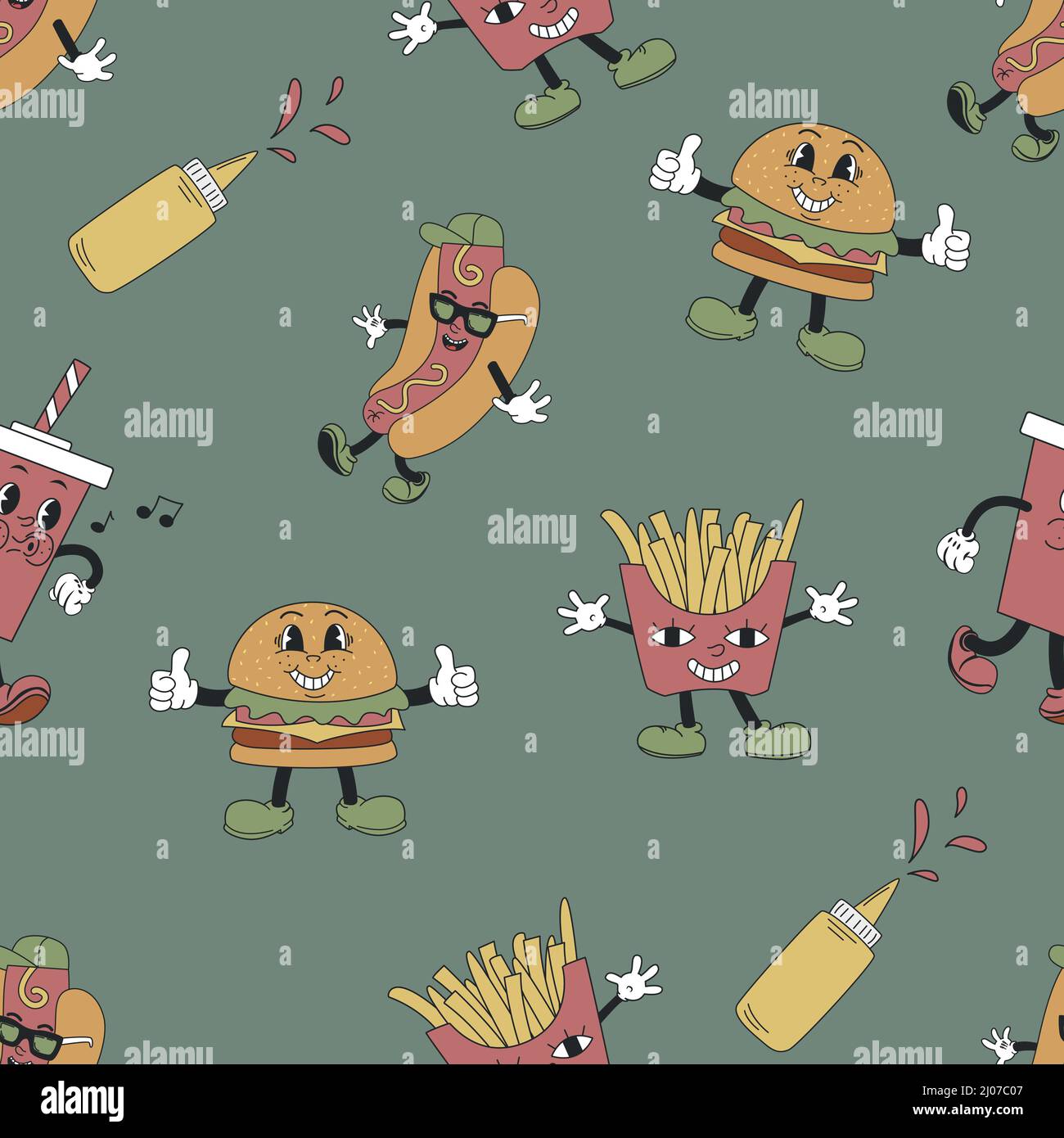 Motif sans couture avec frites, hamburgers et hot dog. Personnages de mascotte rétro. Illustration vectorielle plate pour les imprimés de t-shirts, les affiches et autres utilisations. Illustration de Vecteur