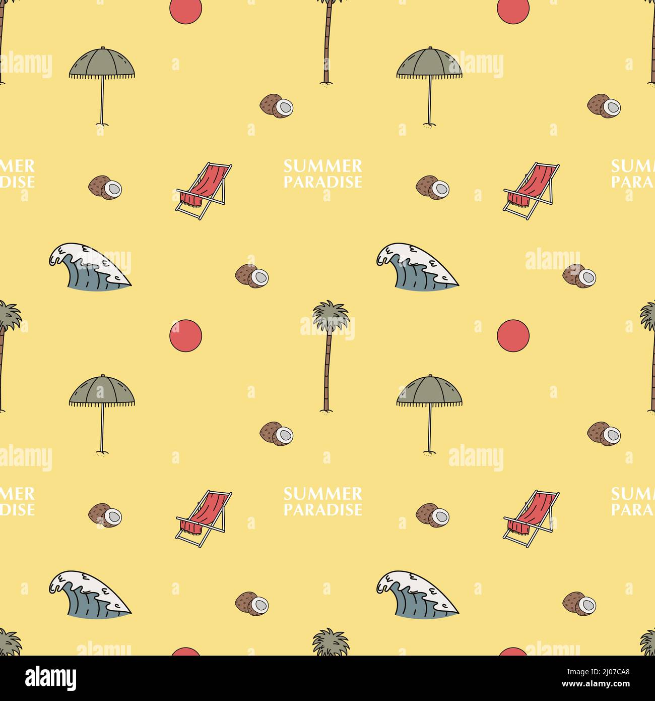 Motif vectoriel sans couture tracé à la main. Parasol, chaise longue, soleil et vagues. Illustration de Vecteur