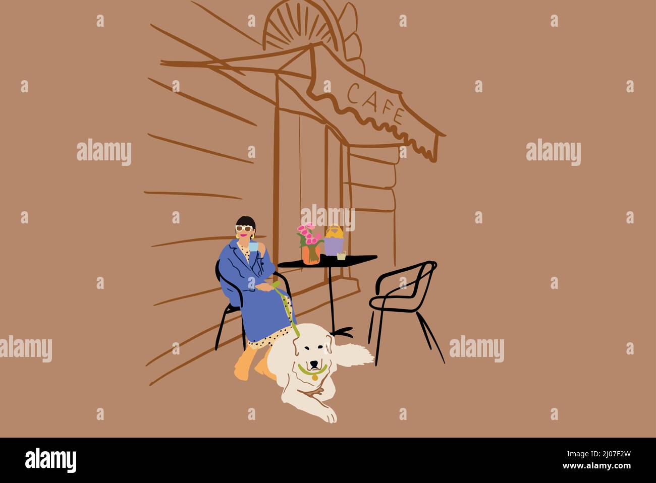 Jeune femme élégante assise avec son chien dans une rue à la terrasse du café près du bâtiment. Concept de style français et de loisirs avec adorable chien blanc. Illustration vectorielle Illustration de Vecteur