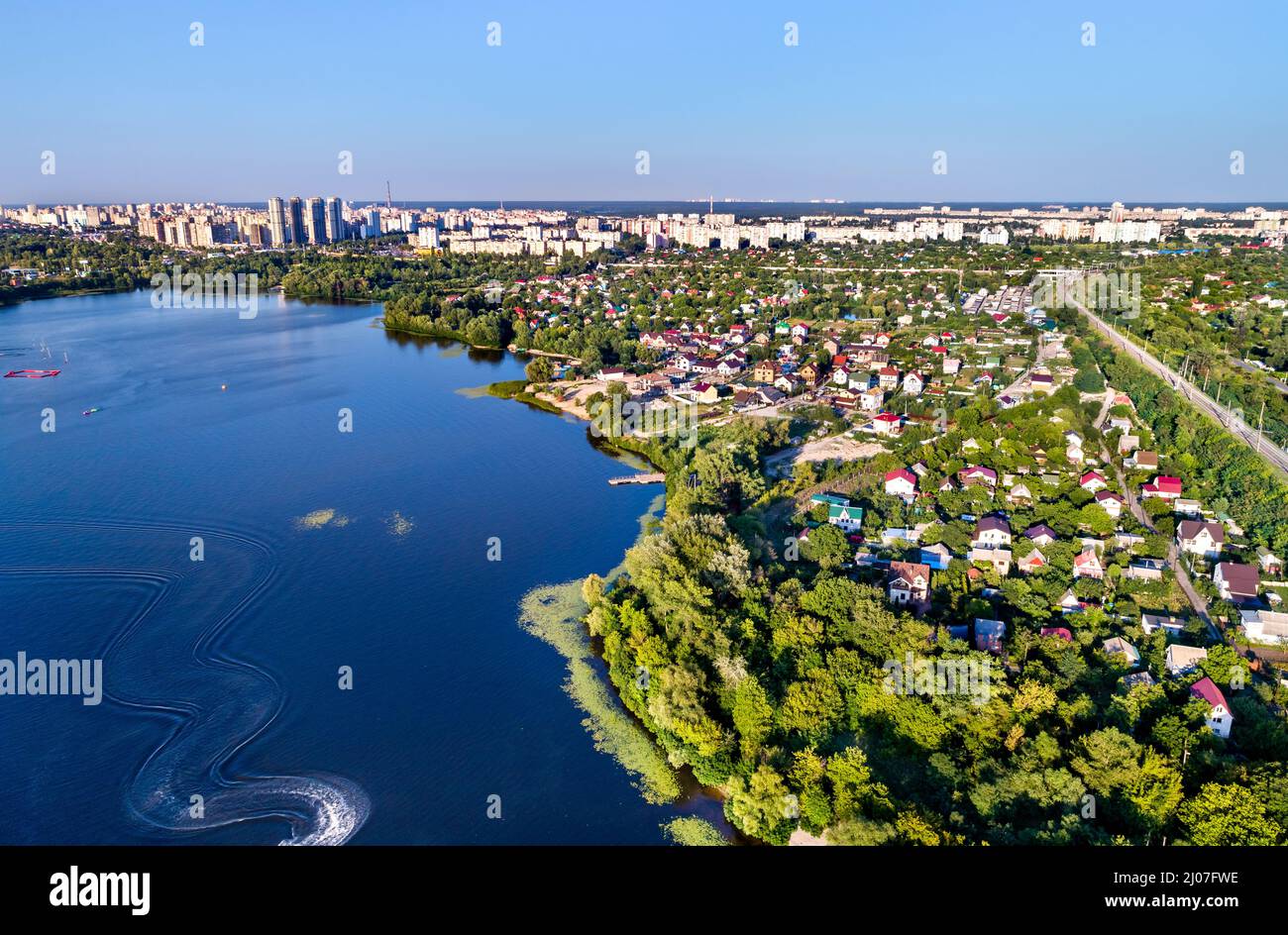 Vue aérienne des maisons du Dniepr à Kiev, Ukraine Banque D'Images