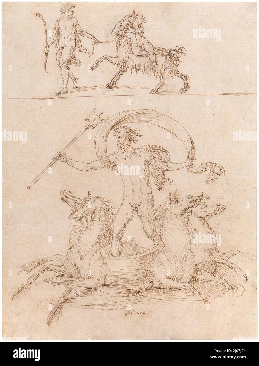 Neptune à cheval son char le bébé-dieu Zeus à cheval le Goat Amalthea. Musée : COLLECTION PRIVÉE. AUTEUR: PERINO DEL VAGA. Banque D'Images
