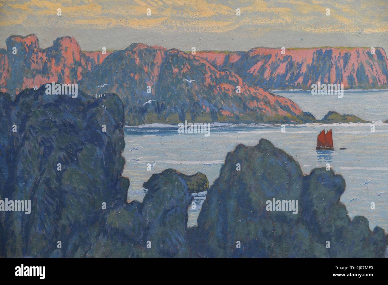 Belle-Île-en-Mer, Voilier rouge à Goulphar. Musée : COLLECTION PRIVÉE. Auteur: Jean Francis Auburtin. Banque D'Images