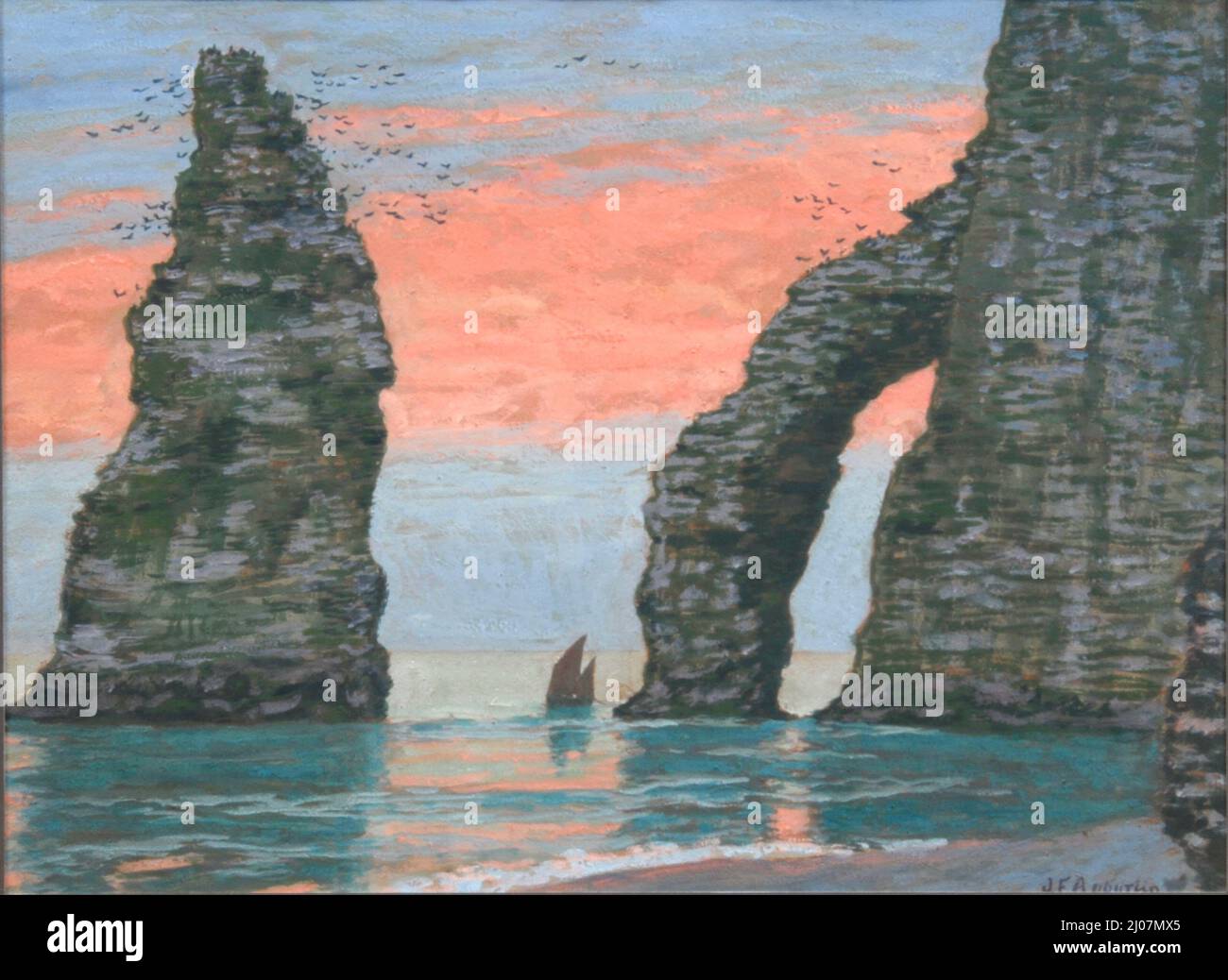 L'aiguille d'État, ciel rouge. Musée : COLLECTION PRIVÉE. Auteur: Jean Francis Auburtin. Banque D'Images