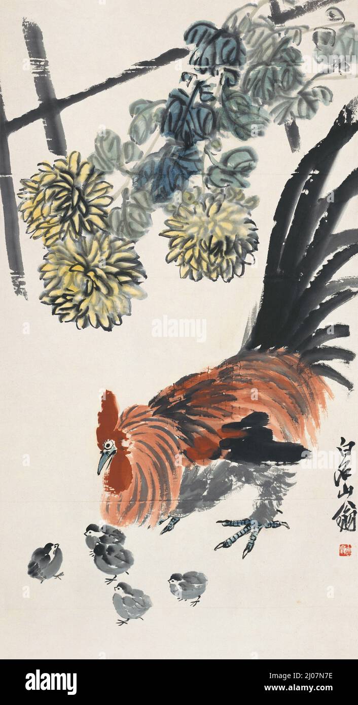 Poulets et chrysanthème. Musée: Centre de l'Acamée des Beaux-Arts Beijing. Auteur: QI BAISHI. Banque D'Images