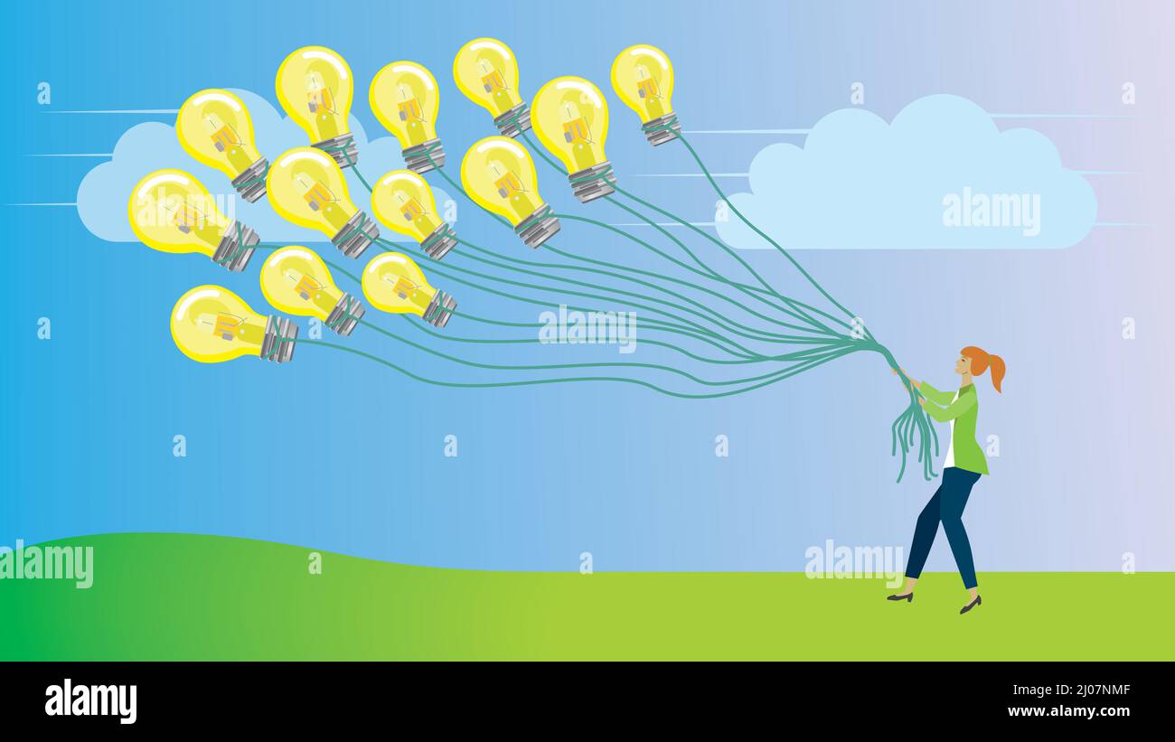 Femme essayant de s'en tenir à des idées volantes. Ampoule ressemblant à des ballons. Dimension 16:9. Illustration vectorielle. Illustration de Vecteur