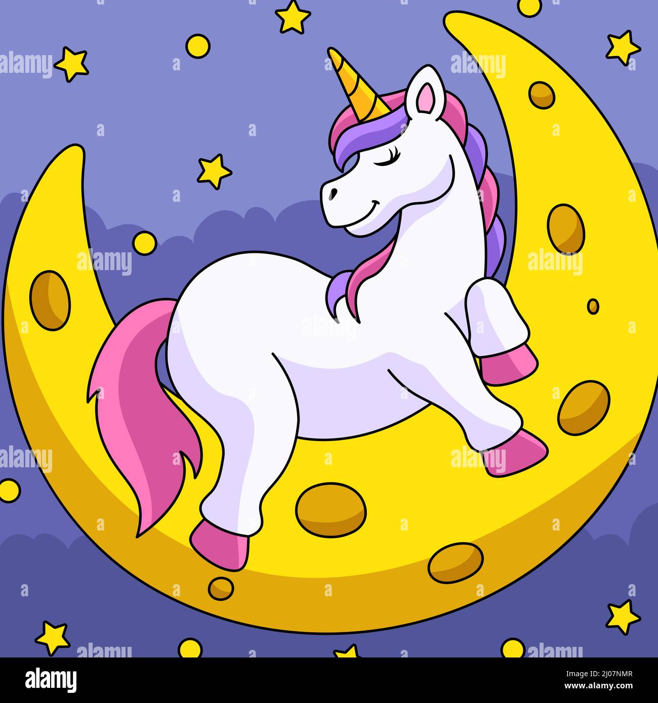 Licorne dormant sur le dessin animé coloré de la lune Illustration de Vecteur