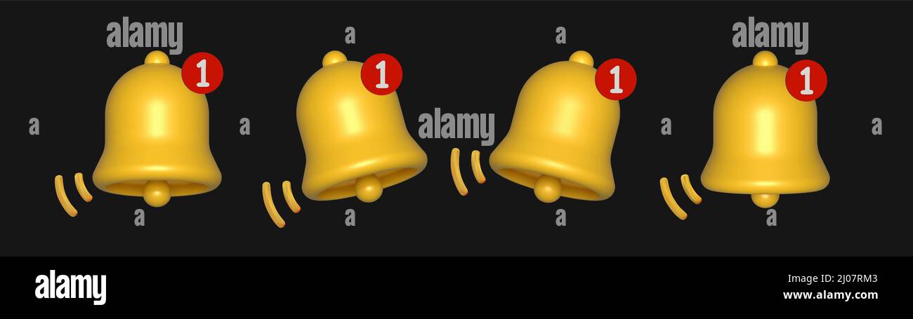3d icônes de sonnerie de notification sont isolées sur fond noir. Illustration de Vecteur