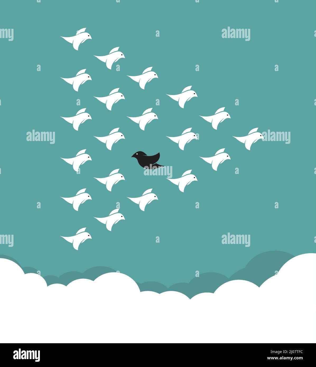 Troupeau d'oiseaux volant dans le ciel, différents concepts. Illustration vectorielle superposée facile à modifier. Illustration de Vecteur