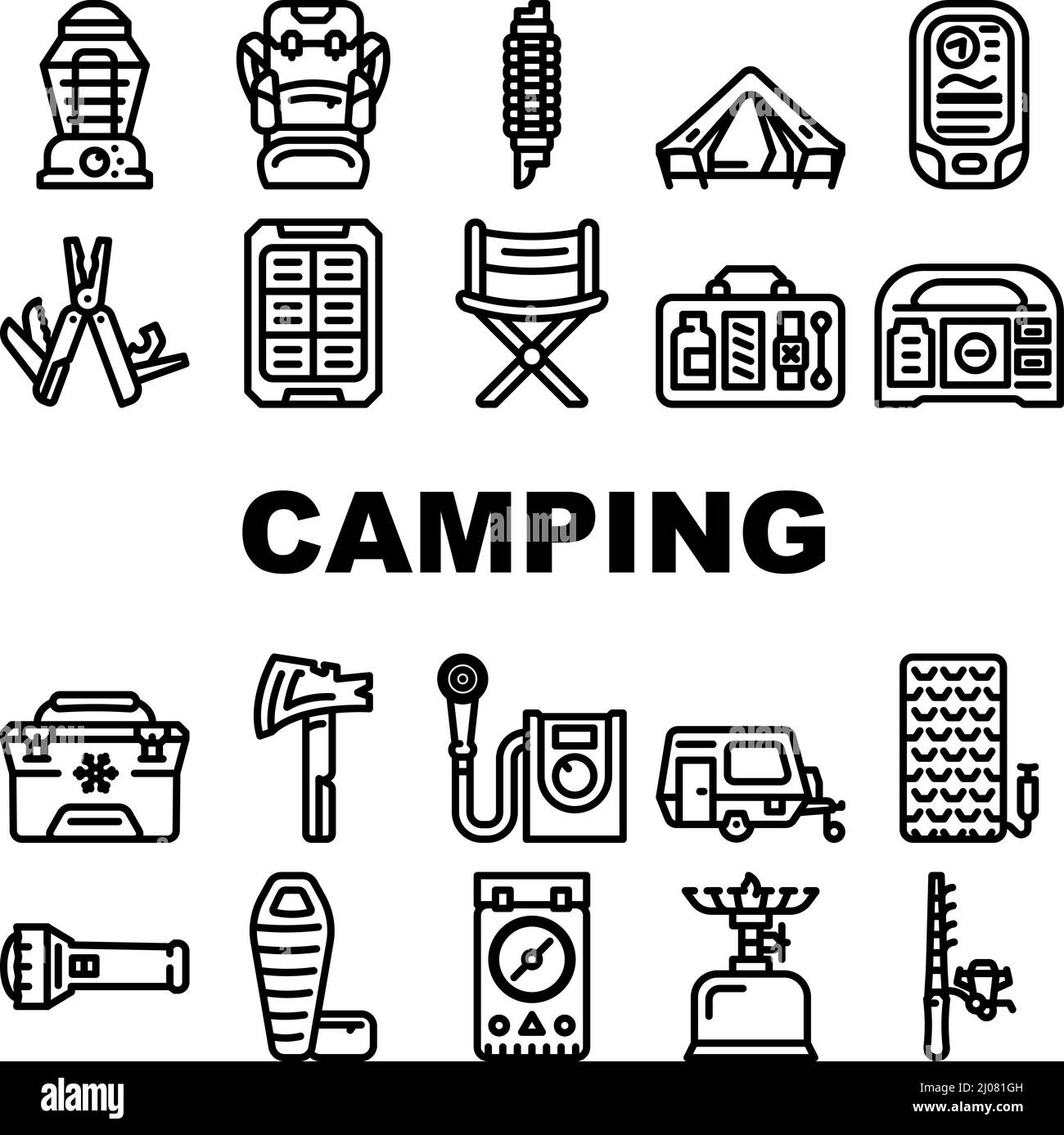 Outil de randonnée Camping et icônes Gadget Set Vector Illustration de Vecteur