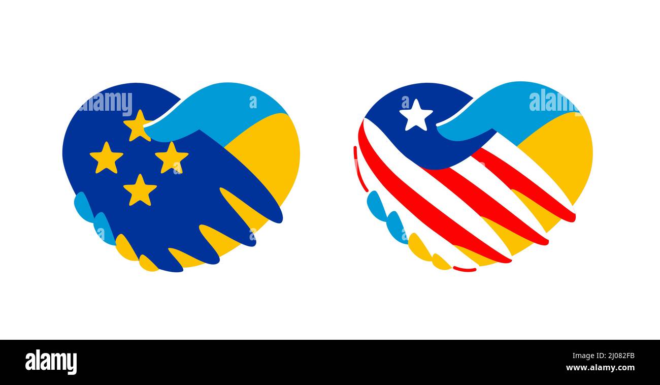 Poignée de main entre l'Ukraine et l'Union européenne, États-Unis. Relations économiques et symbole de soutien Illustration de Vecteur