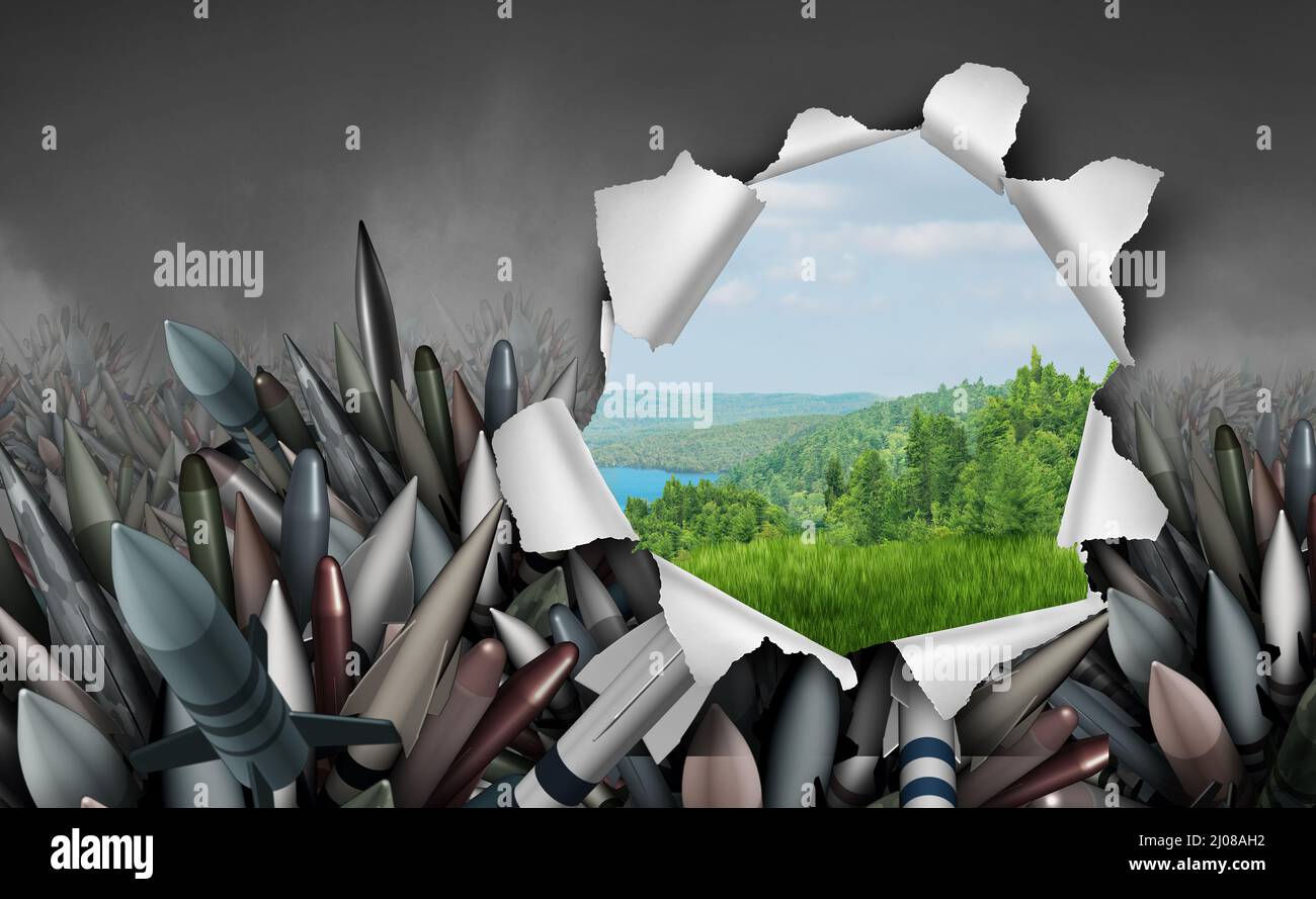 L'espoir de ne pas faire la guerre comme toile de fond de missiles et de bombes nucléaires dangereux comme symbole des combats et de la destruction de guerre avec un trou déchiré. Banque D'Images