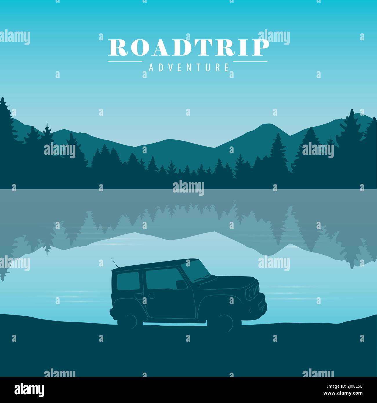 paysage de la nature au bord du lac aventure roadtrip avec offroad voiture Illustration de Vecteur