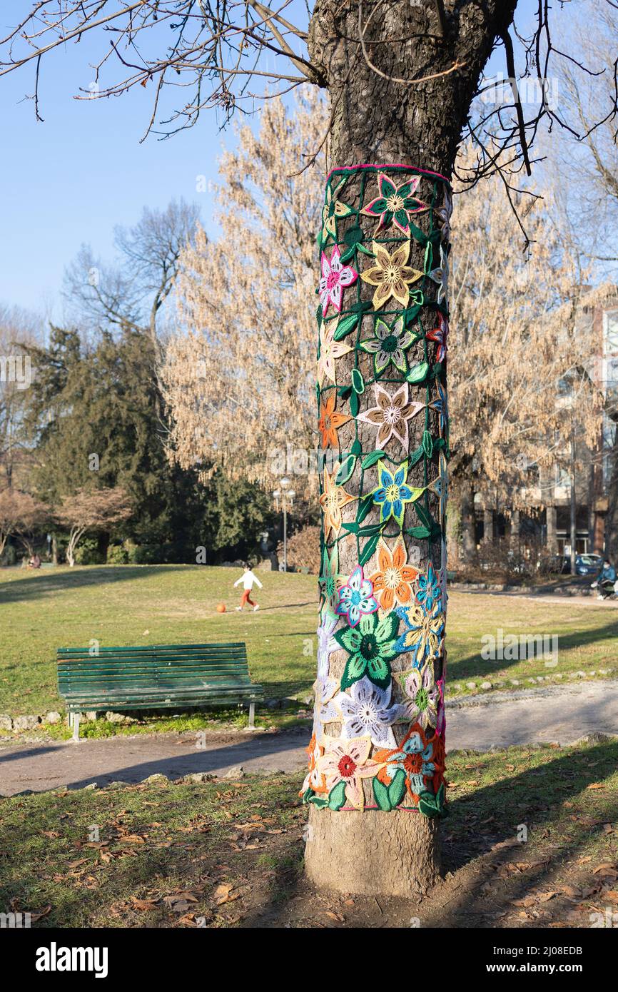Des bouillies de fleurs colorées couvrant le tronc d'un arbre dans un parc public. Banque D'Images