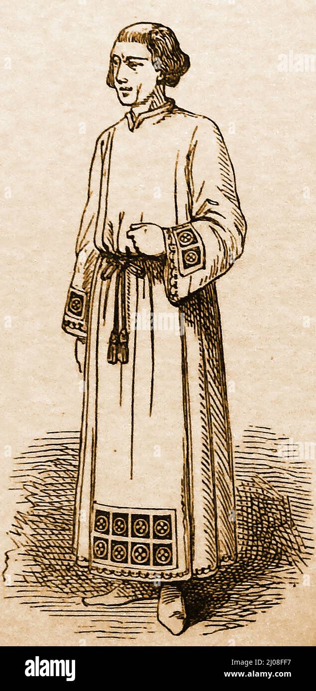 Une illustration de 19th siècle d'un prêtre portant le veston connu sous le nom de alb. Un casuble, alias phelonion, est traditionnellement porté sur l'alb par un ecclésiastique lors de la célébration de la Messe ou de l'Eucharistie. Banque D'Images