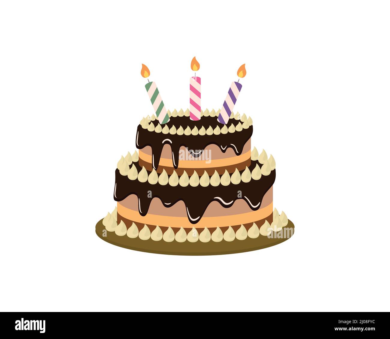 Gâteau d'anniversaire avec trois bougies allumées Illustration de Vecteur