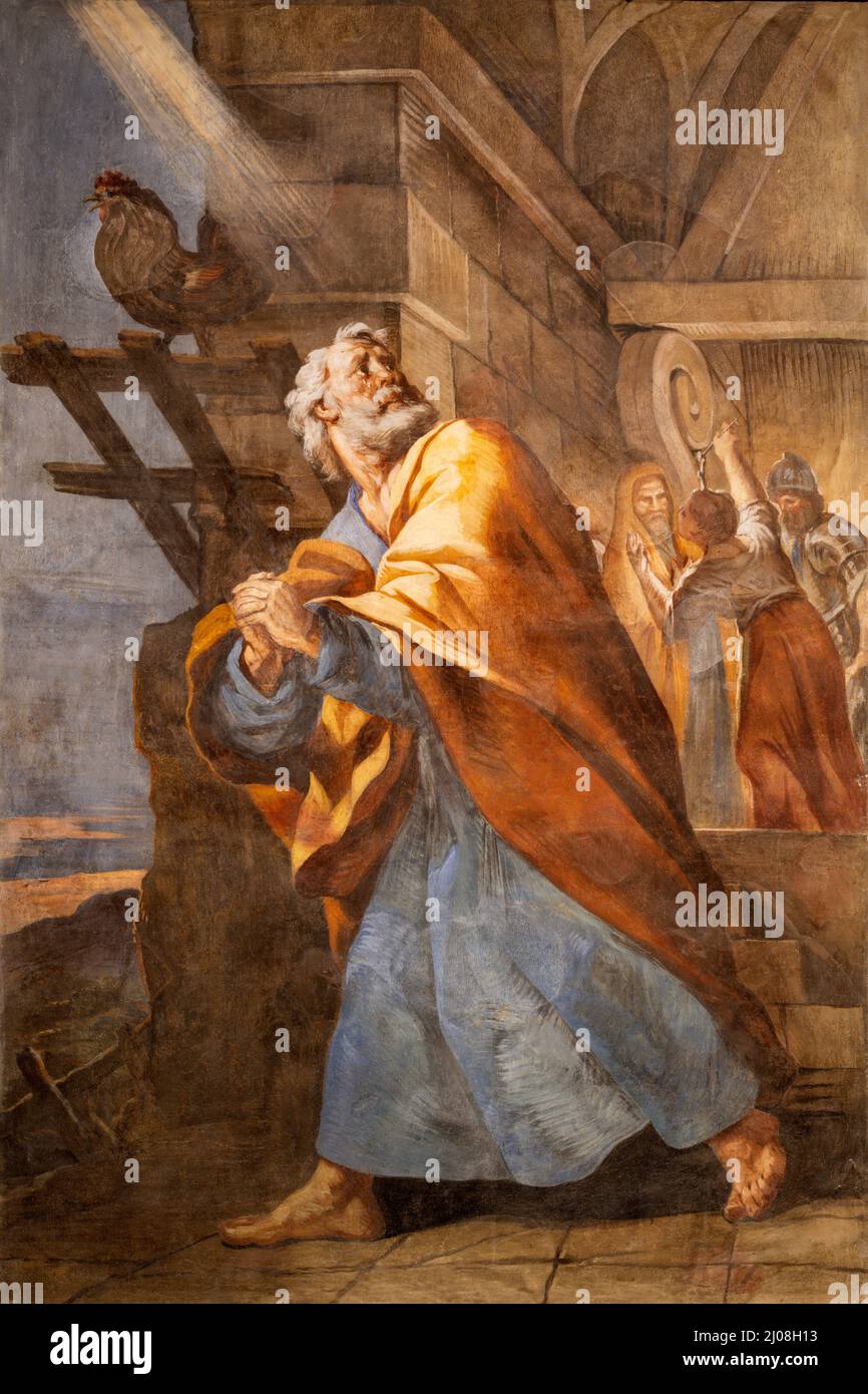 VALENCE, ESPAGNE - 14 FÉVRIER 2022 : la fresque Peter Disoses Jésus dans la chapelle latérale de la cathédrale par Antonio Palomino de (1703). Banque D'Images VALENCE, ESPAGNE - 14 FÉVRIER 2022 : la fresque Peter Disoses Jésus dans la chapelle latérale de la cathédrale par Antonio Palomino de (1703). Banque D'Images