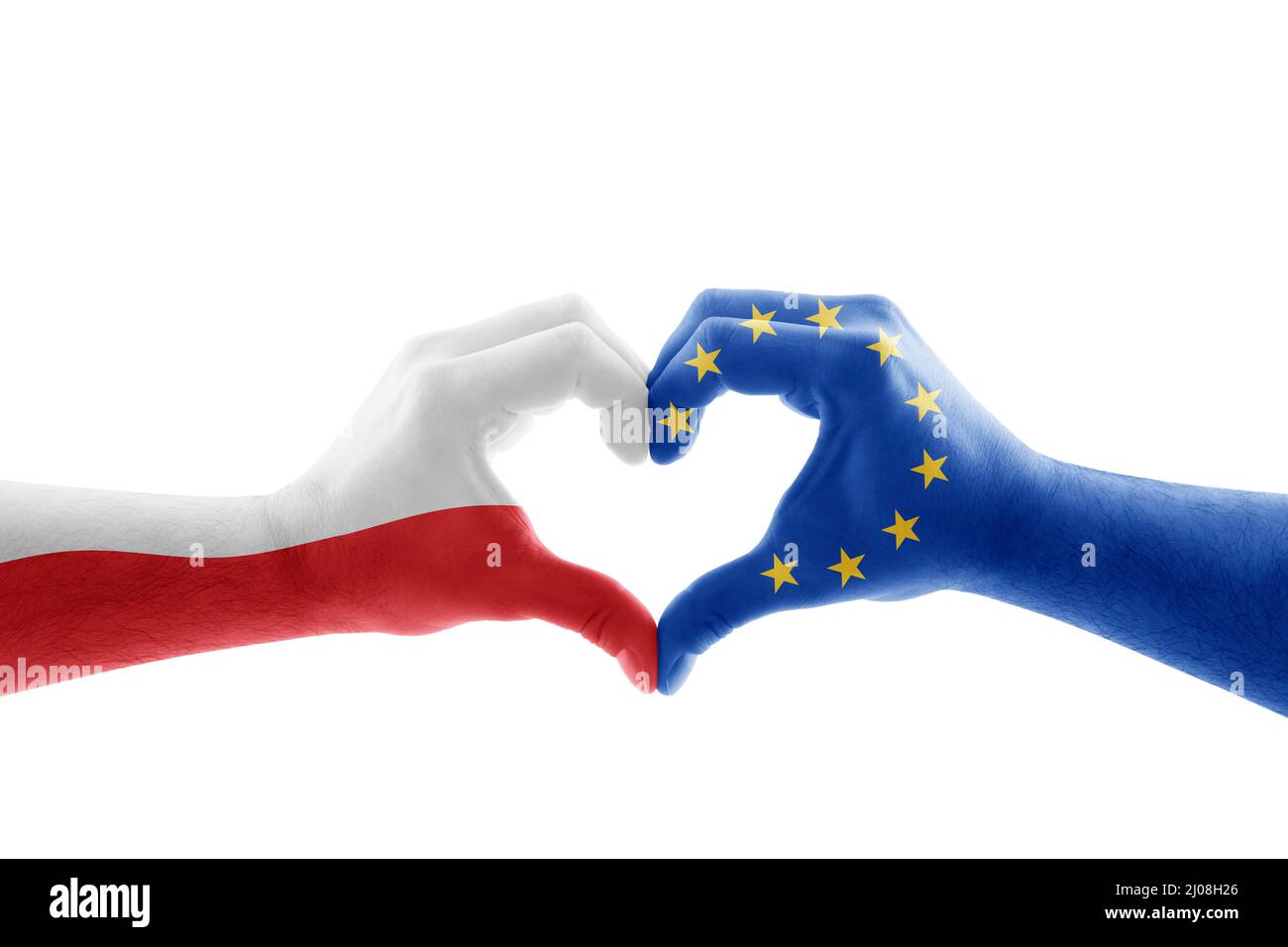 Deux mains en forme de coeur avec drapeau polonais et européen isolé sur fond blanc Banque D'Images