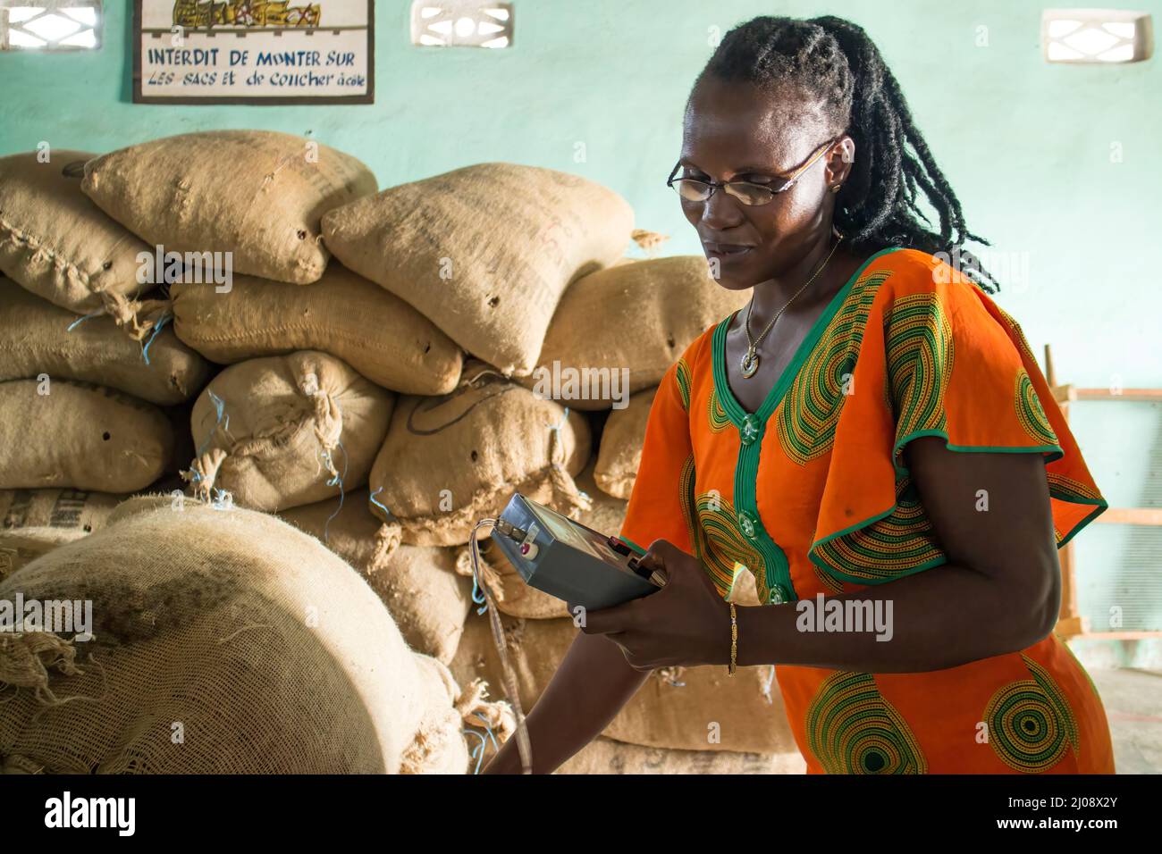 Directrice d'entrepôt de cacao féminine, côte d'Ivoire Banque D'Images