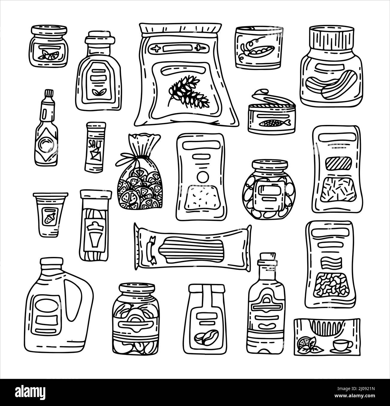 Produits d'épicerie Vector Doodle. Icônes d'acquisition dessinées à la main. Nourriture et boissons. Conserves naturelles, produits de boulangerie et de céréales Illustration de Vecteur