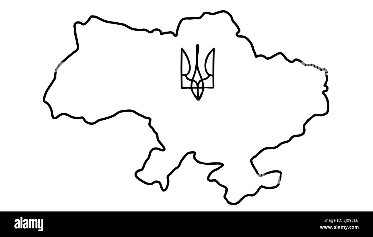 Symboles ukrainiens. Carte de contour de l'Ukraine et armoiries du pays trident. Illustration vectorielle. Doodle linéaire dessiné à la main. Pour la conception et Illustration de Vecteur