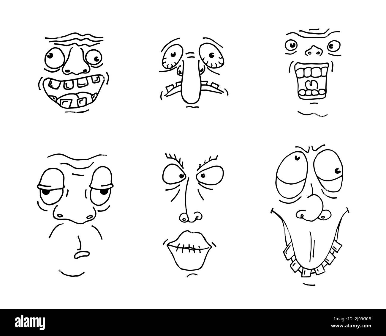 Ensemble d'esquisses de mise en plan de face d'homme laid. Dessin à la main dessin de dessin de dessin animé freak caractère grimace collection. Différents avatars de portrait de personne fou. Illustration du vecteur eps Illustration de Vecteur