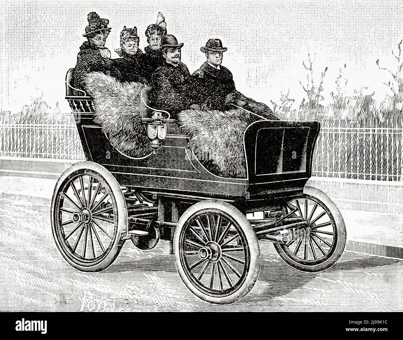 Une voiture à air comprimé datant du 19th siècle. Ancienne illustration gravée du 19th siècle de la nature 1899 Banque D'Images