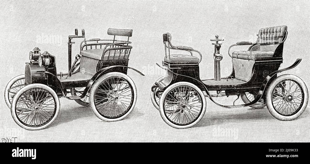 Voiture Renault équipée de moteurs Dion-Bouton et voiture Dion et Bouton équipée d'un moteur à cylindre unique. Ancienne illustration gravée du 19th siècle de la nature 1899 Banque D'Images