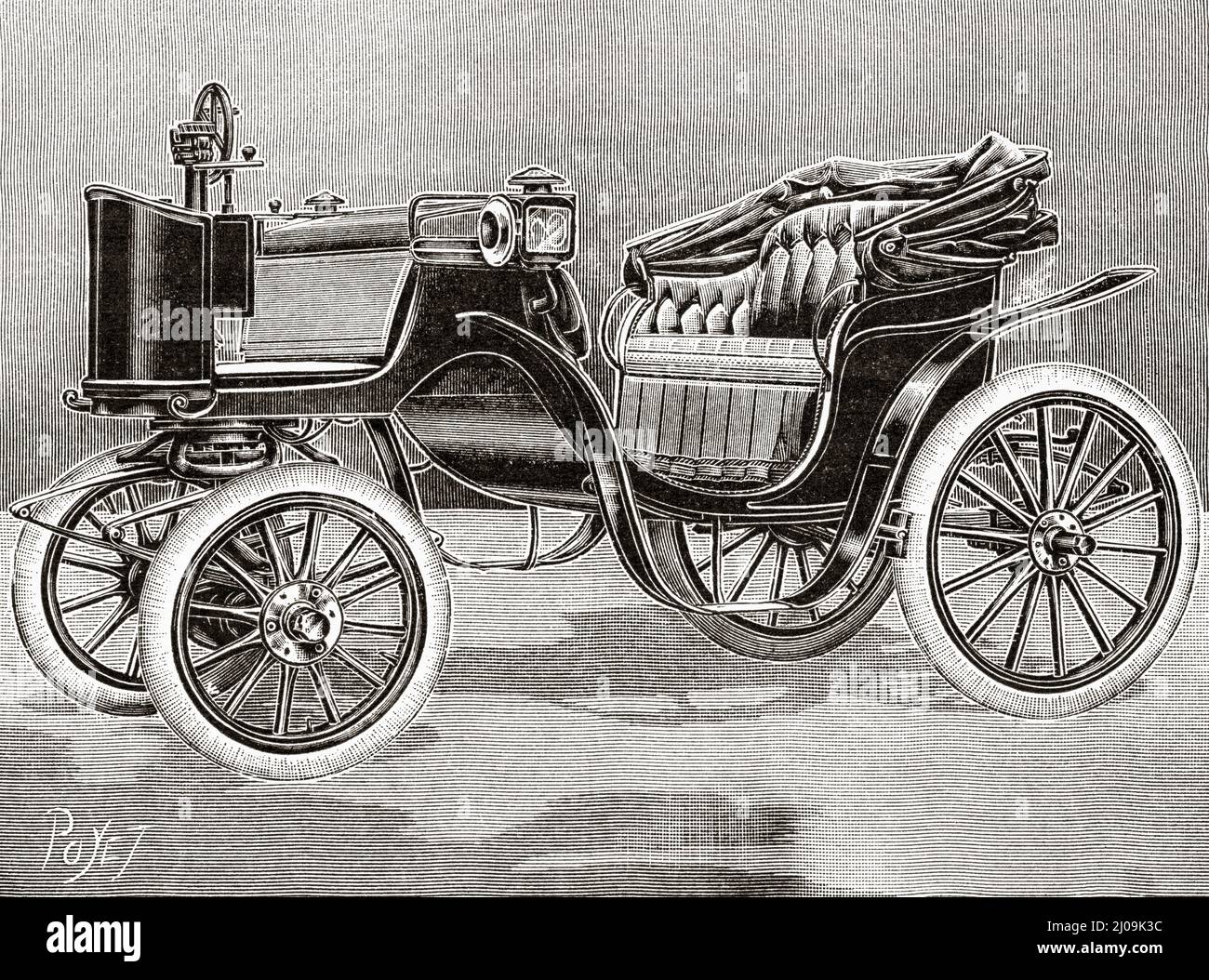 Voiture de la société d'électromobile. Ancienne illustration gravée du 19th siècle de la nature 1899 Banque D'Images