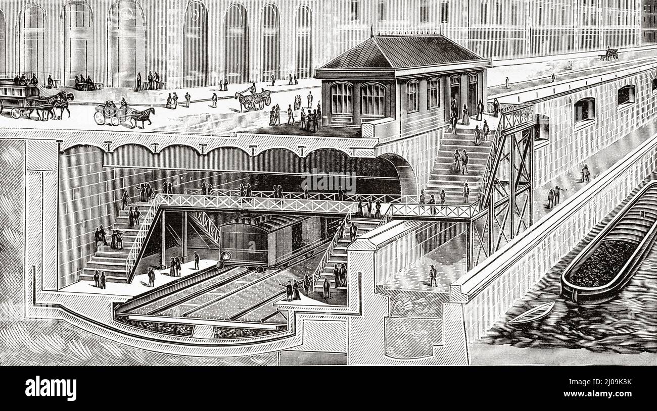 Station de métro place Saint-Michel à Paris, France, Europe. Ancienne illustration gravée du 19th siècle de la nature 1899 Banque D'Images