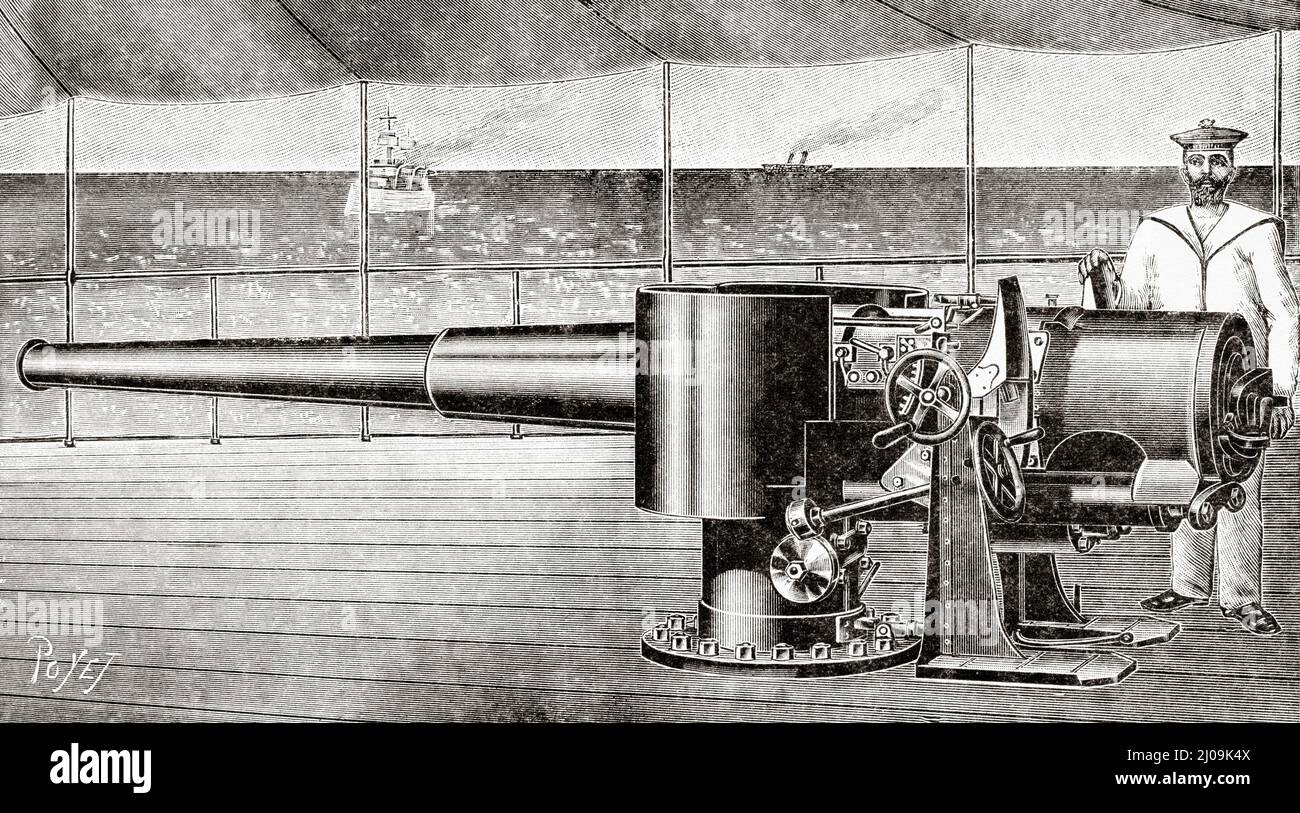 La nouvelle artillerie navale anglaise, canon du navire. Ancienne illustration gravée du 19th siècle de la nature 1899 Banque D'Images