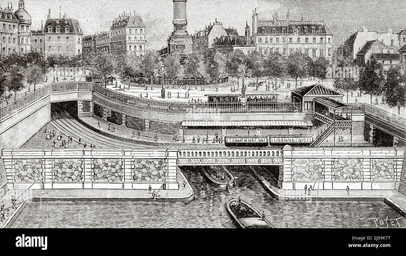 Construction du métro de Paris. État des travaux de la Gare Bastille le 1 août 1899. France, Europe. Ancienne illustration gravée du 19th siècle de la nature 1899 Banque D'Images