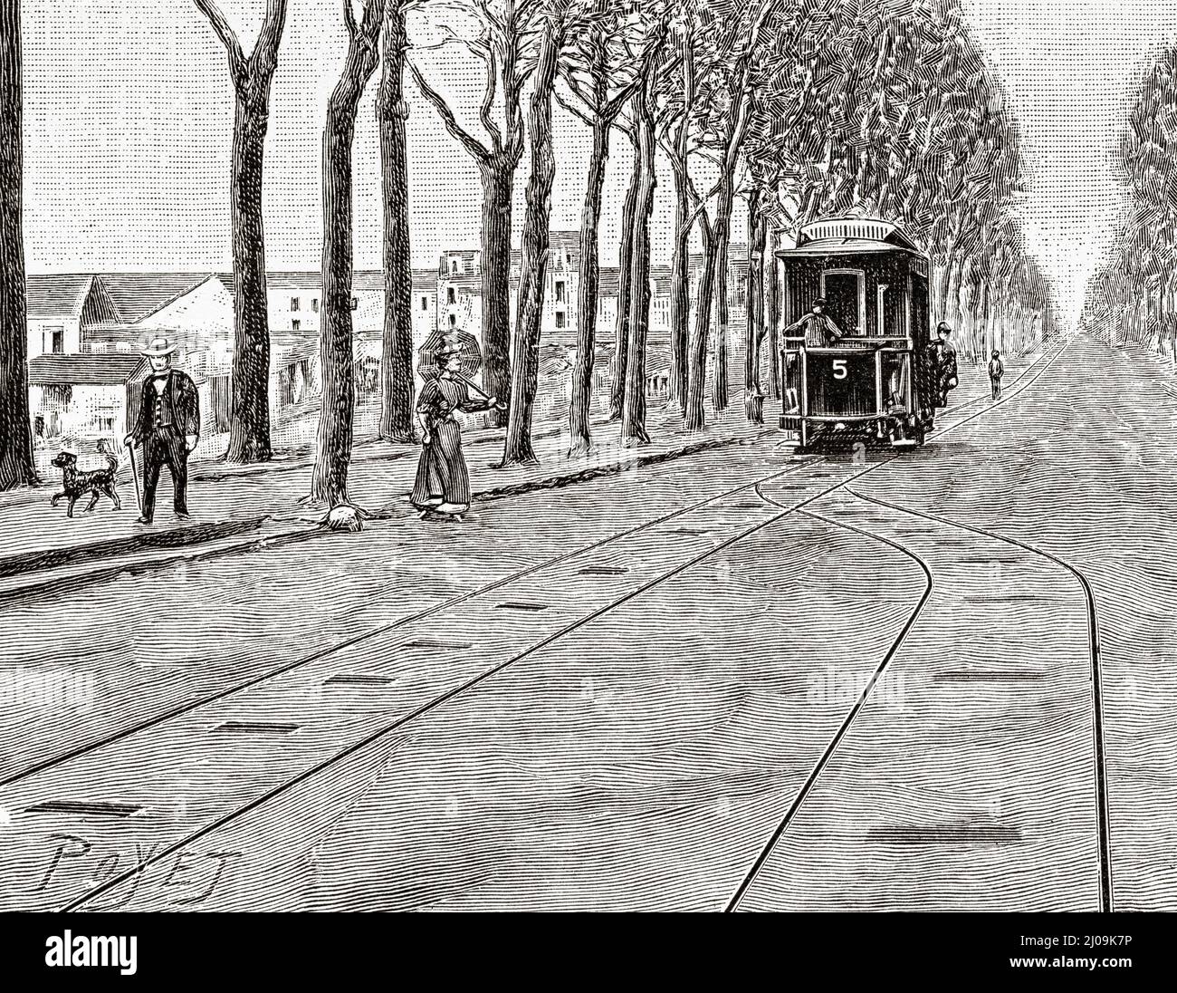 Tramways électriques à Tours. France, Europe. Ancienne illustration gravée du 19th siècle de la nature 1899 Banque D'Images