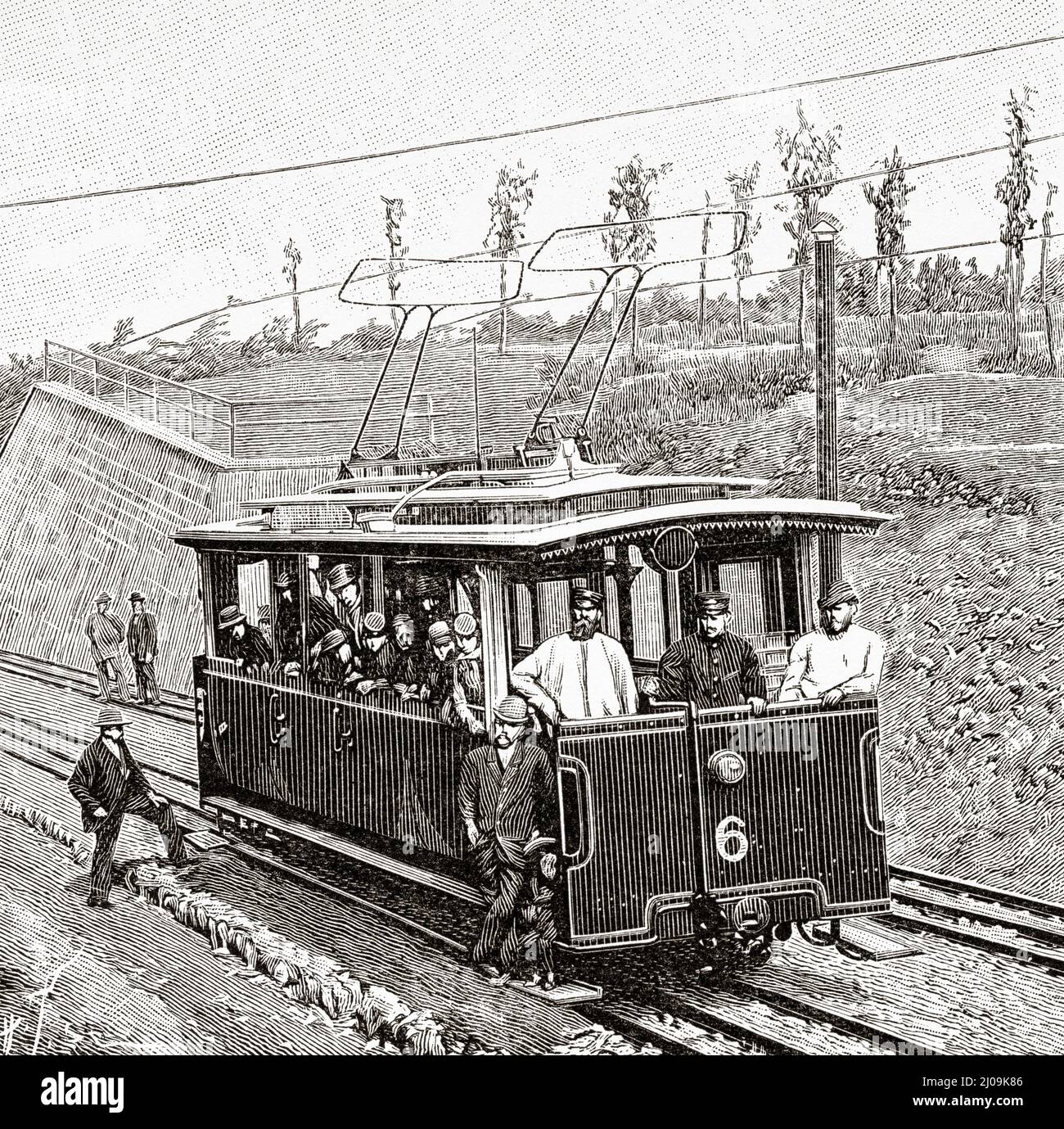 Trams électriques Barmen, Allemagne. Ancienne illustration gravée du 19th siècle de la nature 1899 Banque D'Images