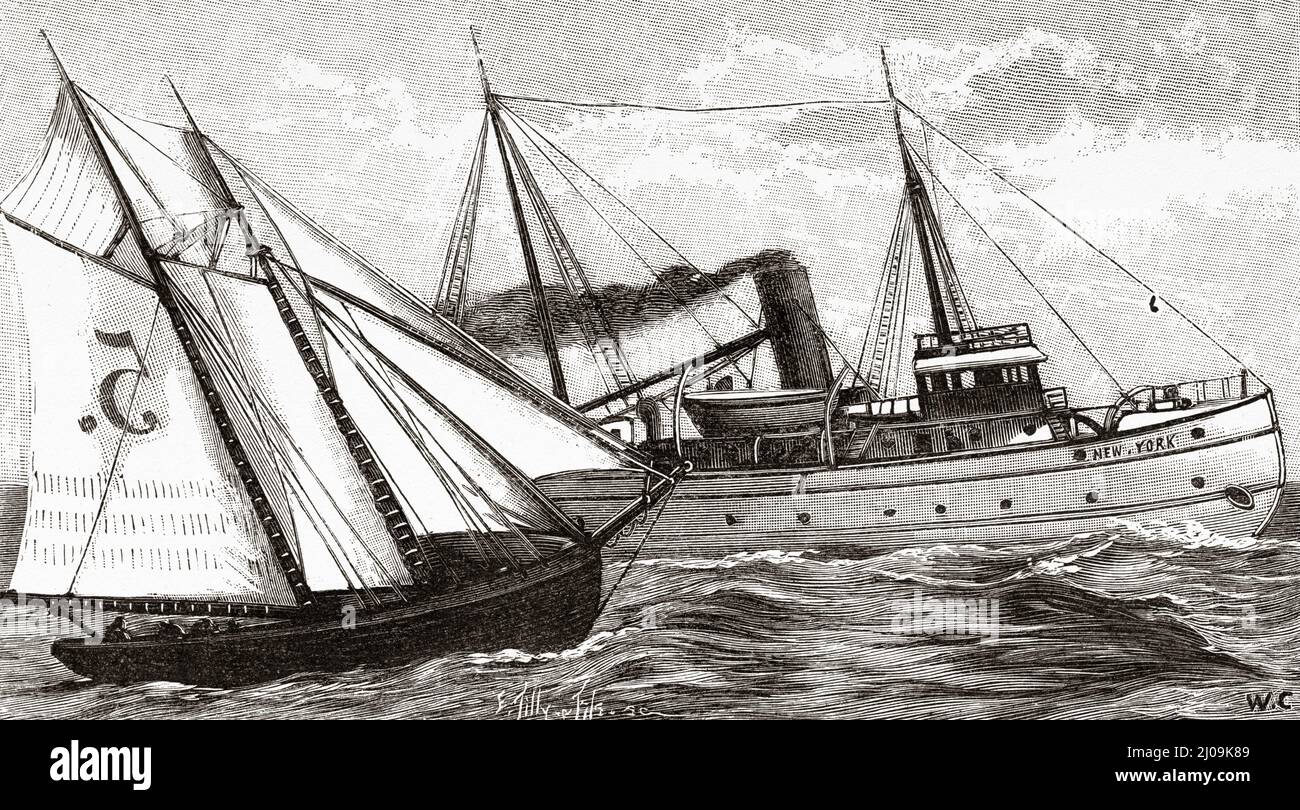 Maquette de bateau-pilote à vapeur. Ancienne illustration gravée du 19th siècle de la nature 1899 Banque D'Images