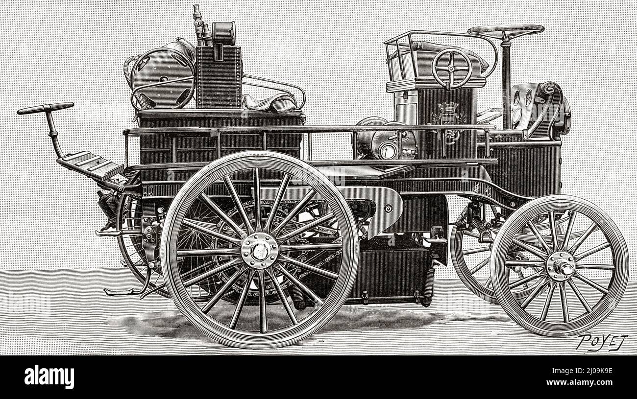 Camionnette électrique des pompiers de Paris. Ancienne illustration gravée du 19th siècle de la nature 1899 Banque D'Images