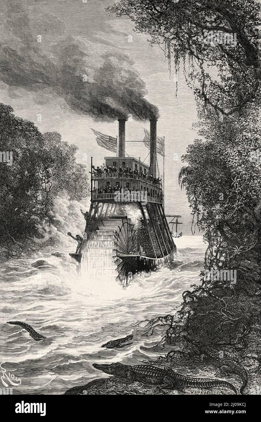 Le passage d'Angostura, bateau Simon-Bolivar naviguant sur la Magdalena, Colombie. Amérique du Sud. Vieux 19th siècle illustration gravée de Journey to Colombia par Edward François Andre, le Tour du monde 1877 Banque D'Images