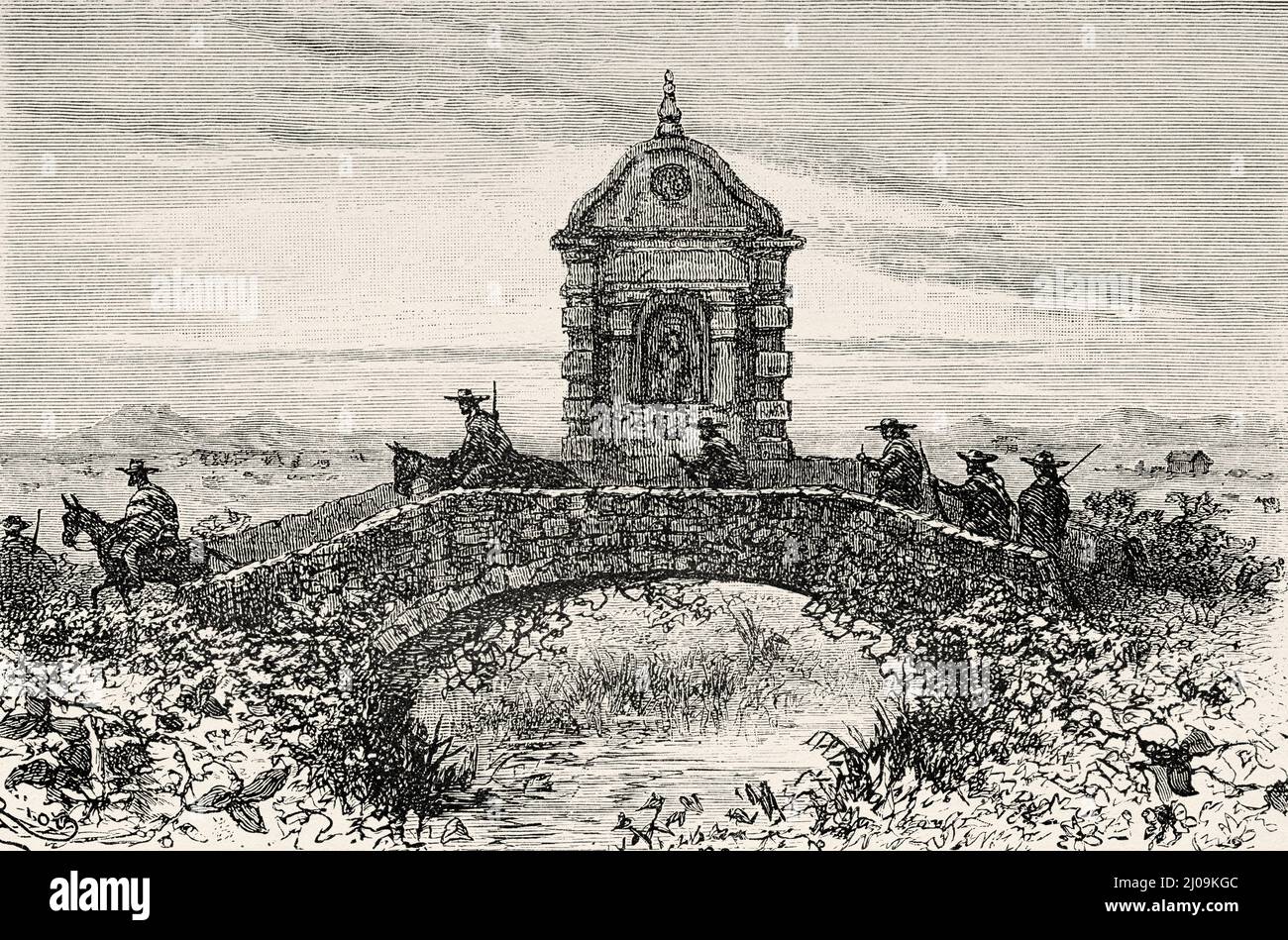 Le pont de San Antonio de la Zanja, monument national sculpté en pierre vers 1670, a l'effigie de Viceroy José Solís Folch de Cardona (1754-1761) Fontibon, plaine de Bogota, Cundinamarca, Colombie. Amérique du Sud. Vieux 19th siècle illustration gravée de Journey to Colombia par Edward François Andre, le Tour du monde 1877 Banque D'Images