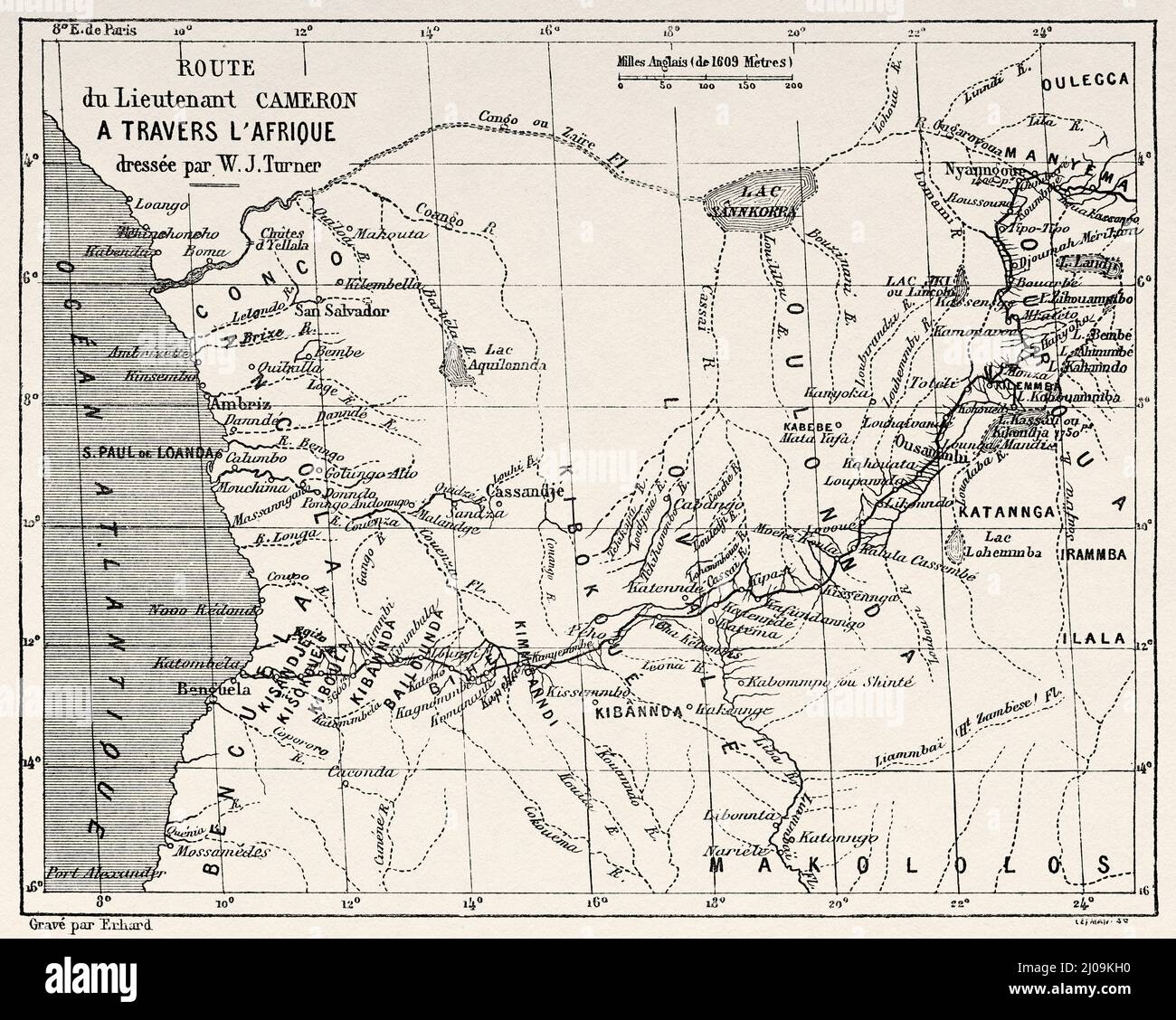 Itinéraire du lieutenant Cameron pour son expédition à travers l'Afrique, en Afrique centrale. Vieux 19th siècle illustration gravée de Voyage de Zanzibar à Benguela par Verney Lovett Cameron, le Tour du monde 1877 Banque D'Images