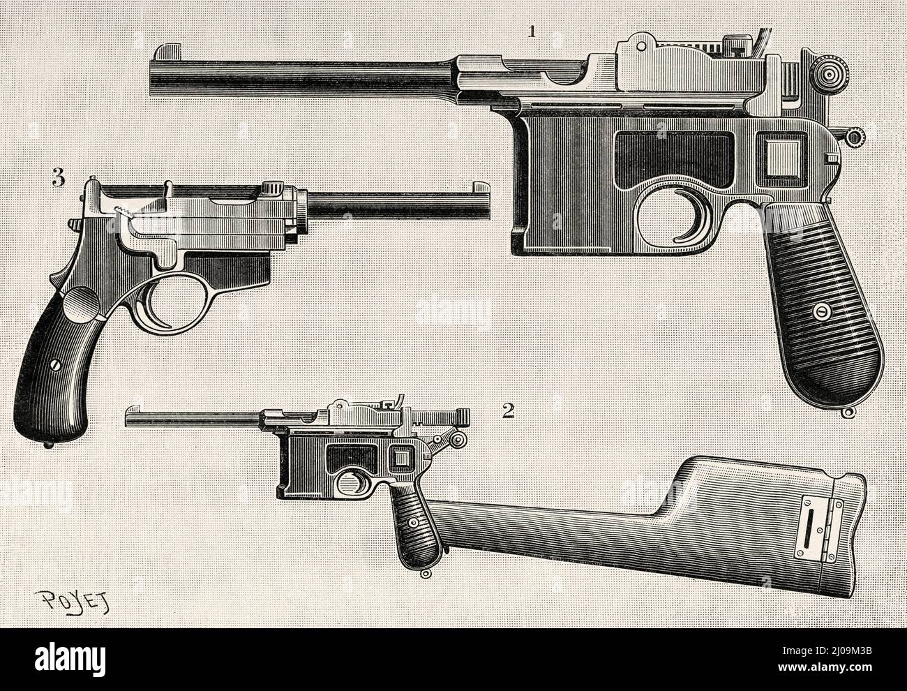 Pistolets automatiques. 1 pistolet Mauser, 2 pistolet Mauser transformé en fusil à l'aide de la gaine, 3 pistolet Mannlicher. Ancienne illustration gravée du 19th siècle de la nature 1899 Banque D'Images