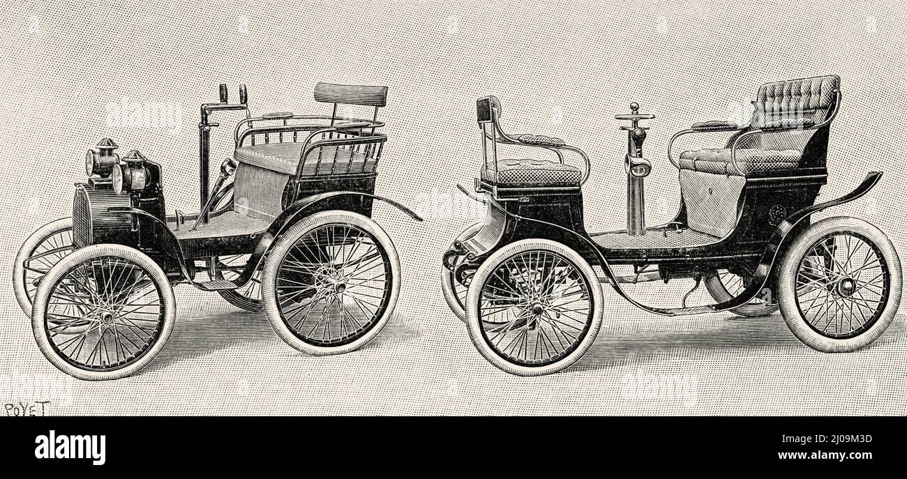 Voiture Renault équipée de moteurs Dion-Bouton et voiture Dion et Bouton équipée d'un moteur à cylindre unique. Ancienne illustration gravée du 19th siècle de la nature 1899 Banque D'Images