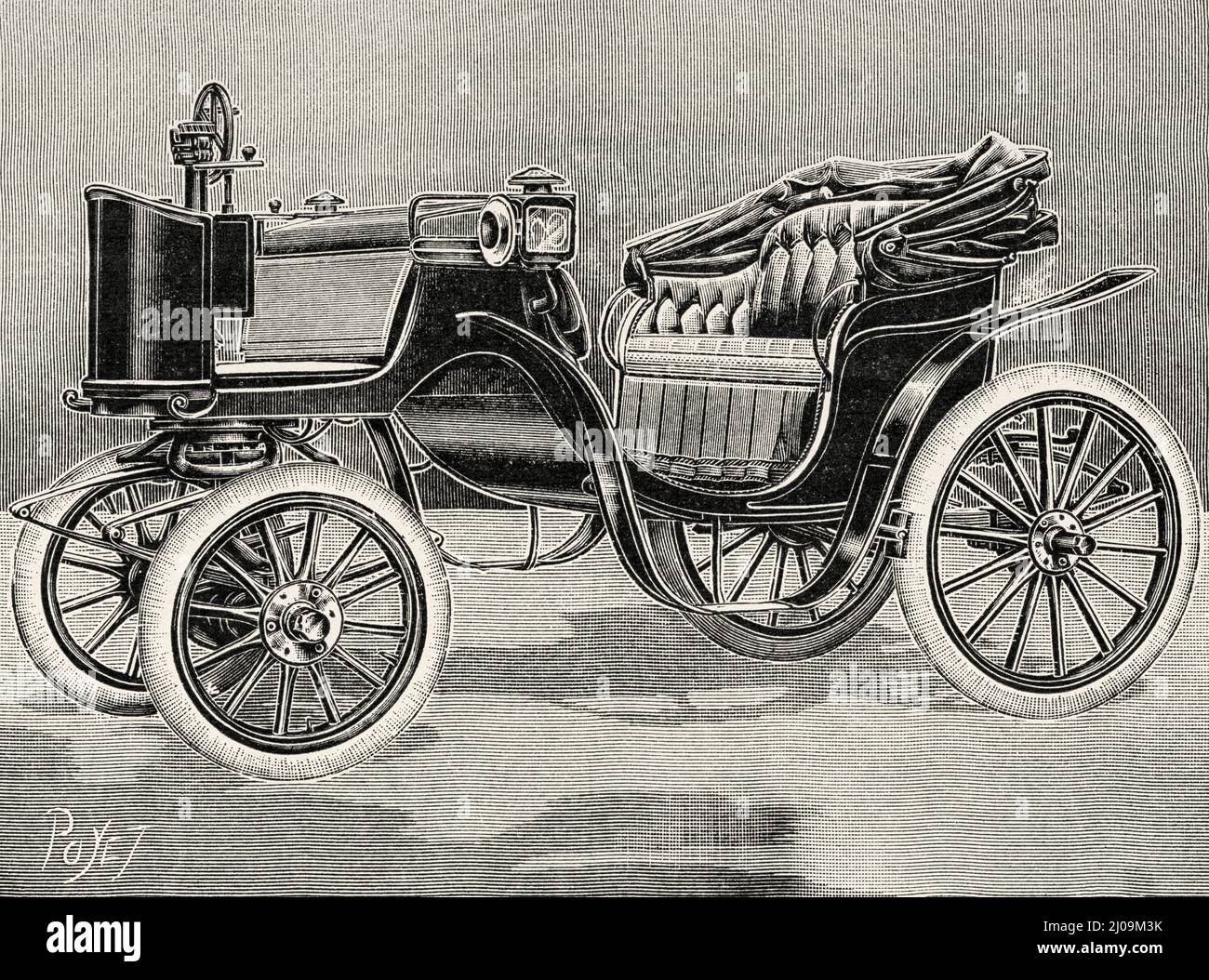 Voiture de la société d'électromobile. Ancienne illustration gravée du 19th siècle de la nature 1899 Banque D'Images